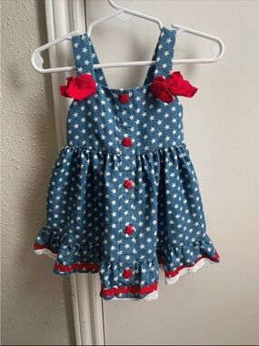 Good Lad Blue Star Print 4th of July Dress with Pink Label and Red Bow